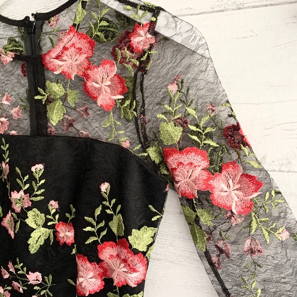 ASOS Black Mesh Floral Overlay Bodysuit Dress - Picture 6 of 16
